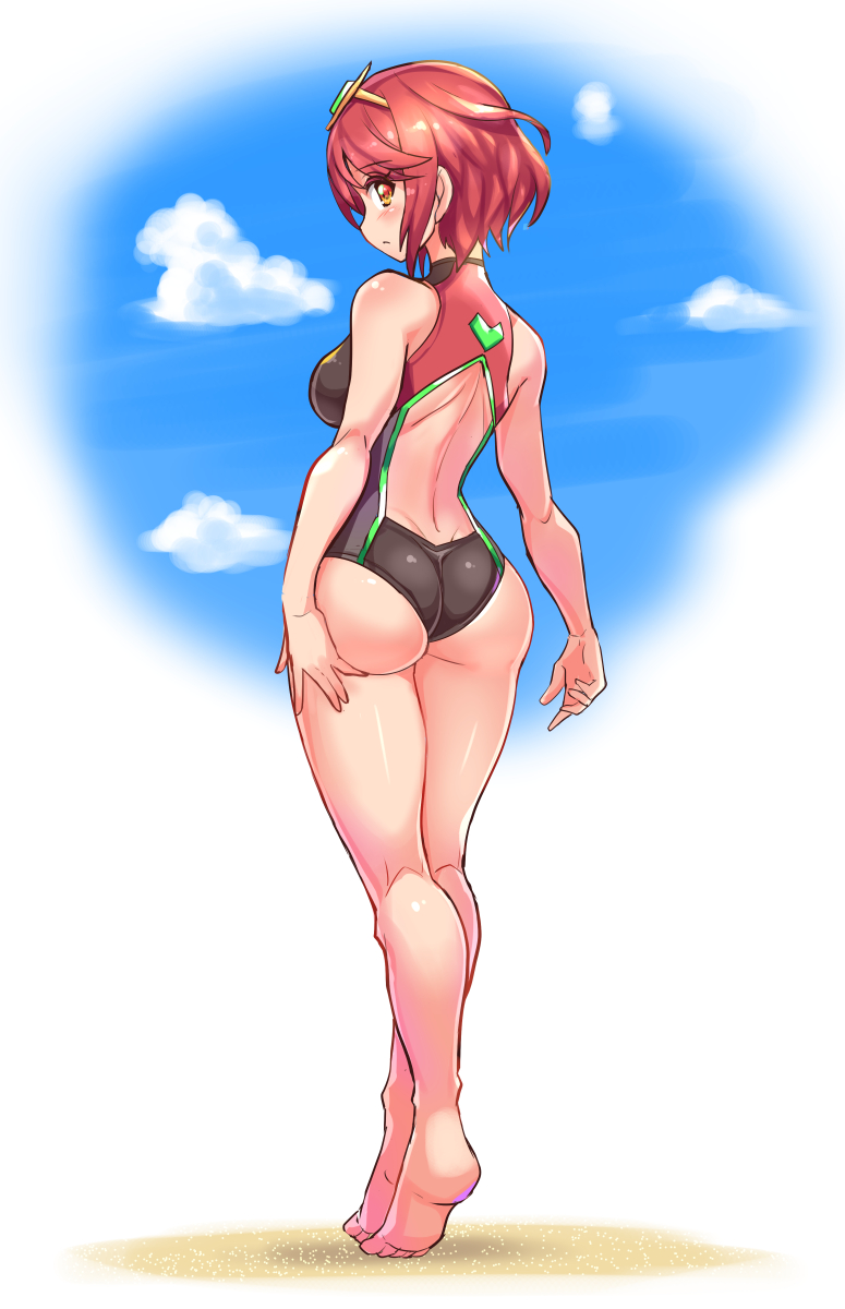 1girl bangs black_swimsuit breasts competition_swimsuit cougar_(cougar1404) headpiece highres large_breasts one-piece_swimsuit pyra_(pro_swimmer)_(xenoblade) pyra_(xenoblade) red_eyes red_swimsuit redhead ribbed_swimsuit short_hair solo swimsuit xenoblade_chronicles_(series) xenoblade_chronicles_2