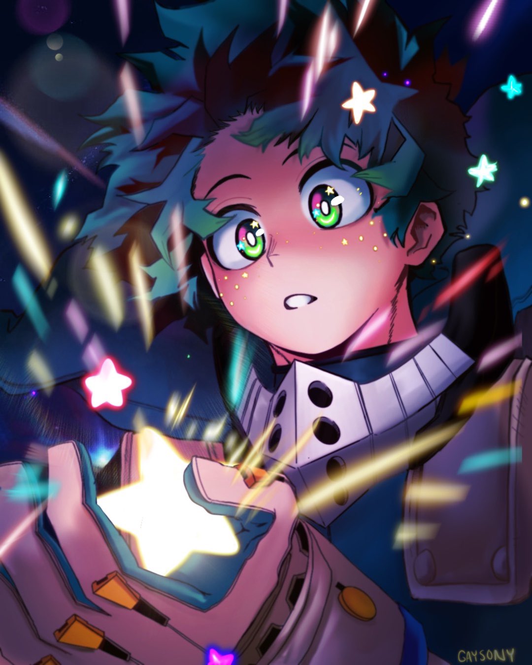 1boy bodysuit boku_no_hero_academia commentary freckles gloves glowing green_bodysuit green_eyes green_hair highres holding holding_star male_focus midoriya_izuku parted_lips short_hair solo sony_(gaysony) star_(symbol) star_in_eye symbol_in_eye white_gloves