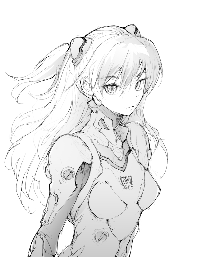 1girl breasts burningblossom expressionless eyebrows_visible_through_hair from_side greyscale hair_behind_ear interface_headset long_hair looking_at_viewer monochrome neon_genesis_evangelion pilot_suit plugsuit small_breasts solo souryuu_asuka_langley two_side_up upper_body white_background