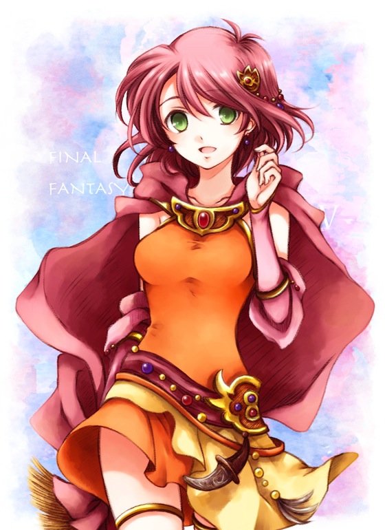 1girl breasts cape copyright_name dress earrings final_fantasy final_fantasy_v green_eyes hair_ornament jewelry lenna_charlotte_tycoon looking_at_viewer open_mouth pink_hair shirokuroma_29 short_hair smile solo theatrhythm_final_fantasy