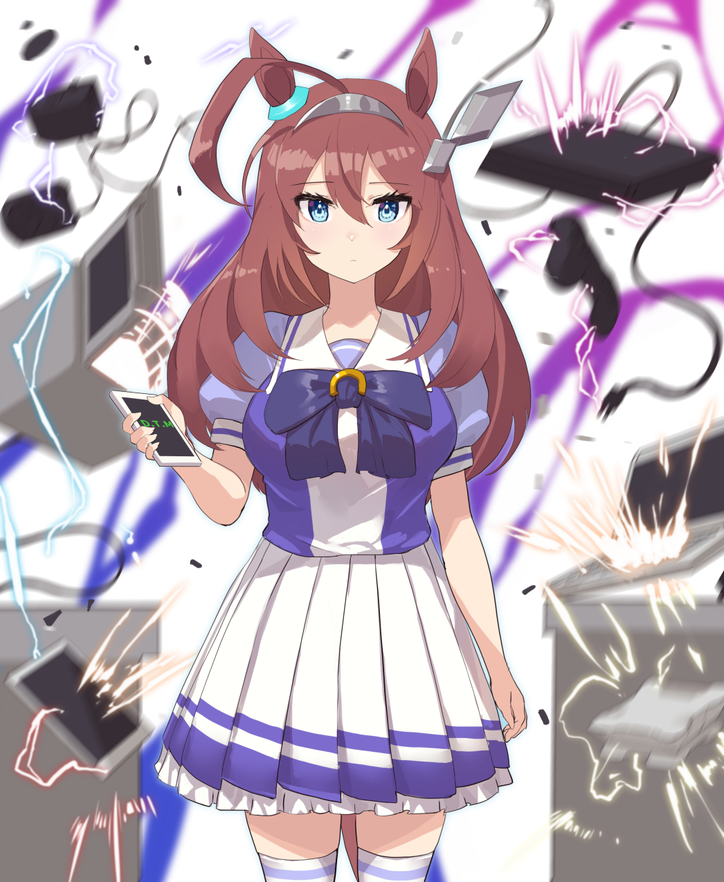 ahoge animal_ears blue_eyes blurry blurry_background breasts brown_hair cellphone collarbone computer electricity game_console hair_between_eyes highres horse_ears laptop large_breasts looking_at_viewer mihono_bourbon_(umamusume) phone school_uniform simple_background standing tadano_magu tracen_school_uniform umamusume white_background wire