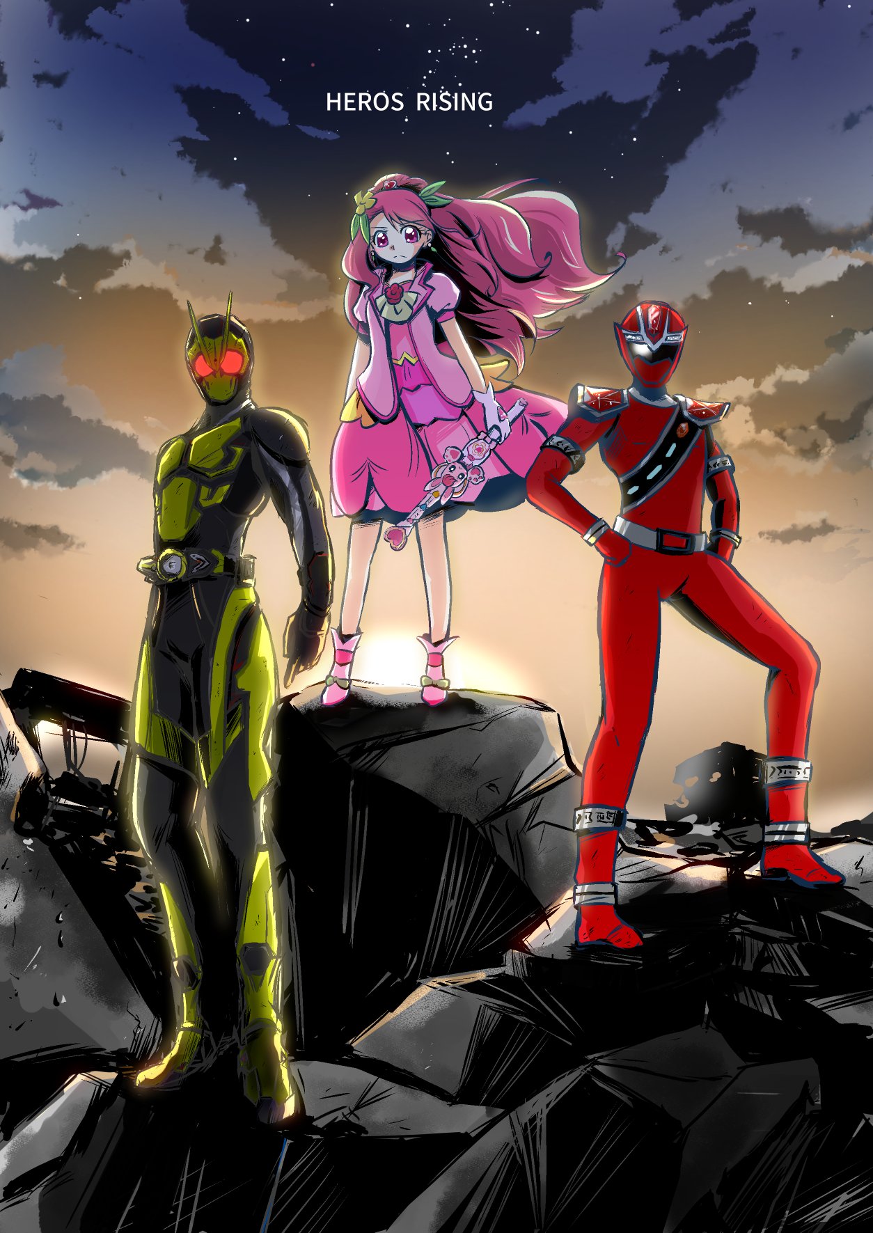 1girl 2boys black_suit buta_obutu clenched_hands commentary crossover cure_grace dress english_text formal hanadera_nodoka hands_on_hips healin'_good_precure helmet highres holding holding_weapon kamen_rider kamen_rider_01_(series) kamen_rider_zero-one kiramei_red long_hair looking_at_viewer magical_girl mashin_sentai_kiramager multiple_boys pink_dress pink_eyes pink_footwear pink_hair pink_theme precure rabirin_(precure) red_suit red_theme staff suit super_sentai weapon yellow_armor