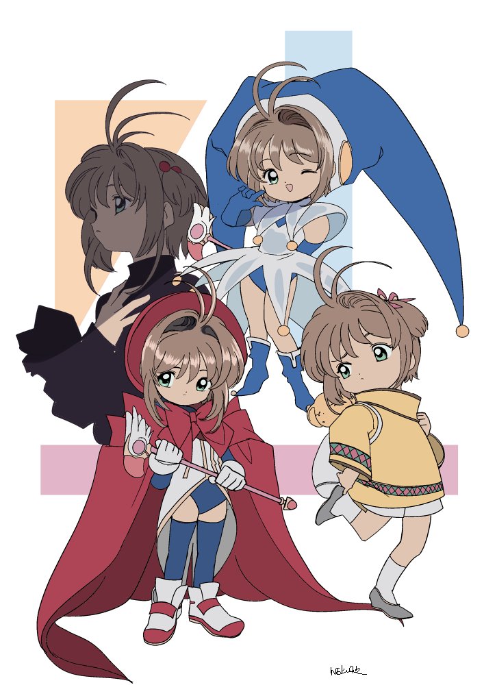 4girls black_footwear blue_footwear bow brown_hair cape cardcaptor_sakura child edoya_inuhachi full_body green_eyes kero kinomoto_sakura legs magical_girl multiple_girls one_eye_closed red_bow red_cape red_headwear variations