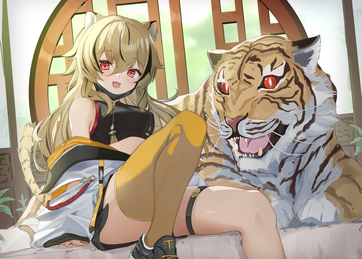 1girl animal animal_ears black_hair blonde_hair breasts chinese_zodiac clothes_down hitachi_sou jacket jacket_partially_removed large_breasts multicolored_hair original red_eyes single_thighhigh sitting sports_bra streaked_hair tail thigh-highs thigh_strap tiger tiger_ears tiger_girl tiger_tail year_of_the_tiger yellow_legwear