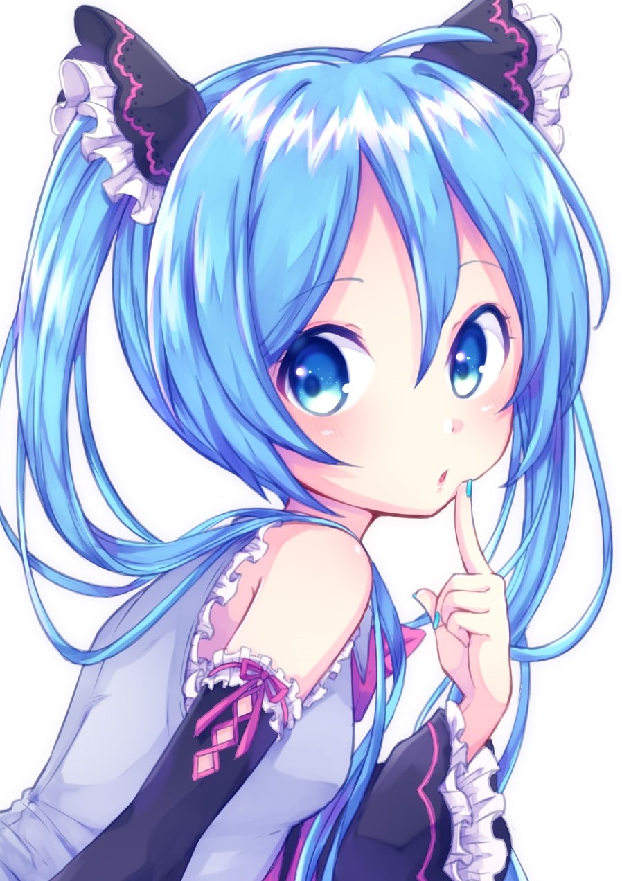 1girl :o ahoge bangs black_sleeves blue_eyes blue_hair blue_nails breasts detached_sleeves eyebrows_visible_through_hair finger_to_mouth frilled_shirt frilled_sleeves frills grey_shirt hair_between_eyes hair_ornament hatsune_miku highres index_finger_raised long_hair long_sleeves looking_at_viewer nail_polish open_mouth paya_(alunair) pink_ribbon ribbon ribbon-trimmed_sleeves ribbon_trim shiny shiny_hair shirt simple_background sleeveless sleeveless_shirt small_breasts solo twintails upper_body vocaloid white_background younger