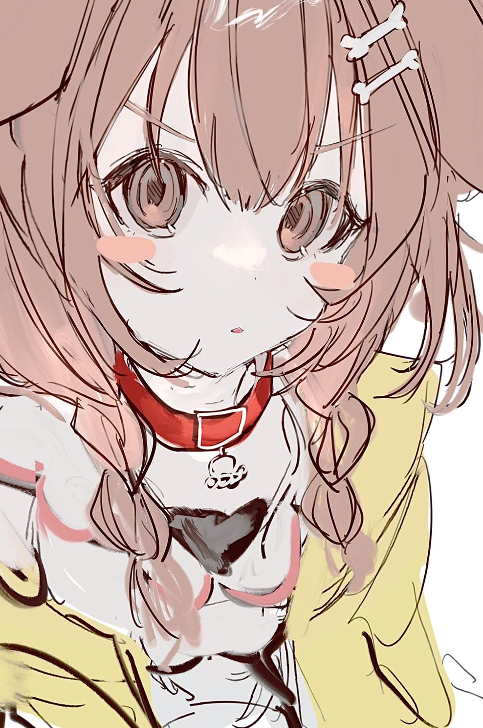 1girl animal_ears bangs blush bone_hair_ornament breasts brown_hair collar dog_ears dog_girl dress eyebrows_visible_through_hair hair_ornament highres hololive inugami_korone medium_breasts open_mouth portrait red_collar sketch solo sweater v-shaped_eyebrows virtual_youtuber white_background white_dress yellow_sweater yubisaki_(ms16nr)