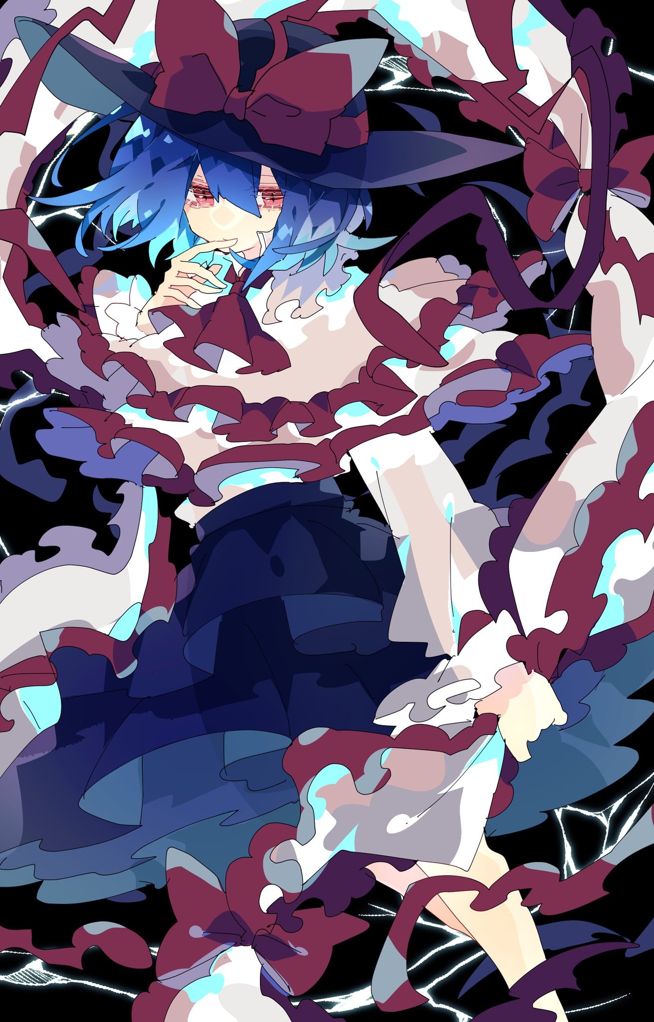 1girl bangs black_headwear black_skirt blue_hair bow capelet commentary feet_out_of_frame finger_to_mouth frilled_capelet frilled_shawl frills hagoromo hair_between_eyes hat hat_bow highres holding_shawl long_sleeves looking_at_viewer nagae_iku nikorashi-ka one-hour_drawing_challenge red_bow red_eyes red_ribbon ribbon shawl shirt short_hair skirt solo touhou white_capelet white_shirt