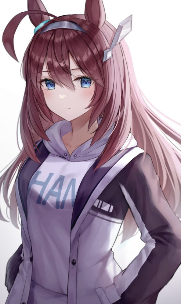 1girl ahoge akatsuki_(pixiv23539542) animal_ears blue_eyes brown_hair closed_mouth clothes_writing commentary_request grey_hairband hairband hands_in_pockets hood hood_down hoodie horse_ears jacket long_hair long_sleeves looking_at_viewer mihono_bourbon_(umamusume) open_clothes open_jacket simple_background solo umamusume upper_body white_background white_hoodie white_jacket