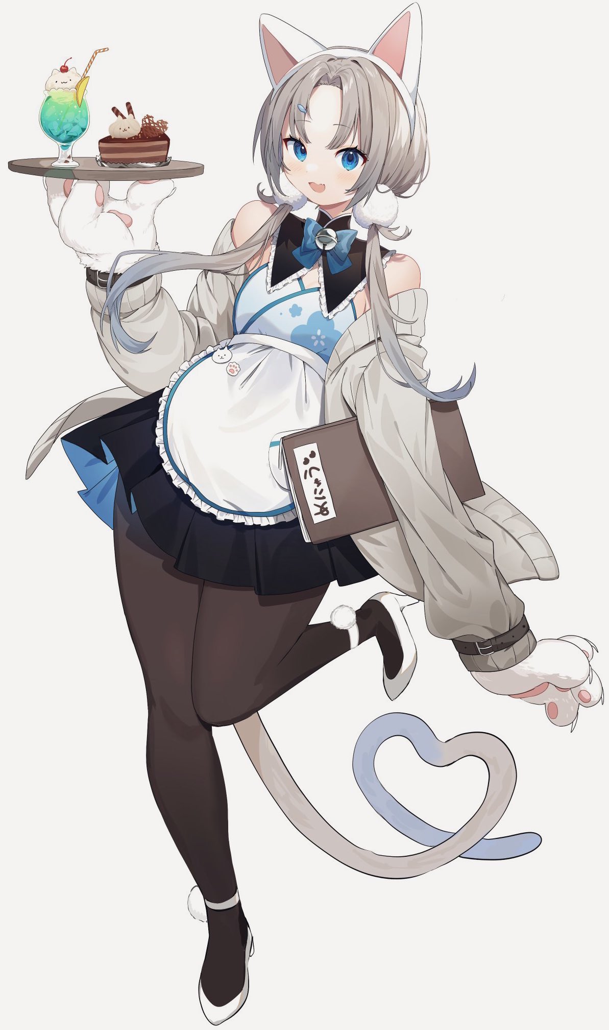 1girl animal_ears animal_hands apron badge bare_shoulders bell black_skirt blue_bow blue_eyes blue_hair blue_skirt blush bow brown_legwear button_badge cake cake_slice cherry drinking_straw eyebrows_visible_through_hair food frilled_apron frills fruit gradient gradient_hair grey_background grey_hair hair_ornament hairclip heart highres holding holding_tray inu_(puputizy) lemon lemon_slice light_blush long_hair menu multicolored_clothes multicolored_hair multicolored_skirt neck_bell open_mouth original pantyhose simple_background skirt smile solo tail tray two-tone_skirt white_footwear