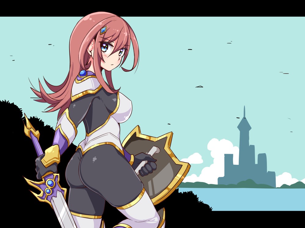 1girl armor ass bangs beatus_creation black_bodysuit blue_eyes blue_sky bodysuit breasts brown_hair castle closed_mouth commentary_request cougar_(cougar1404) day from_side frown hair_ornament holding holding_shield holding_sword holding_weapon horizon letterboxed long_hair looking_at_viewer medium_breasts outdoors prandelli_(beatus_creation) shield sky solo standing sword weapon