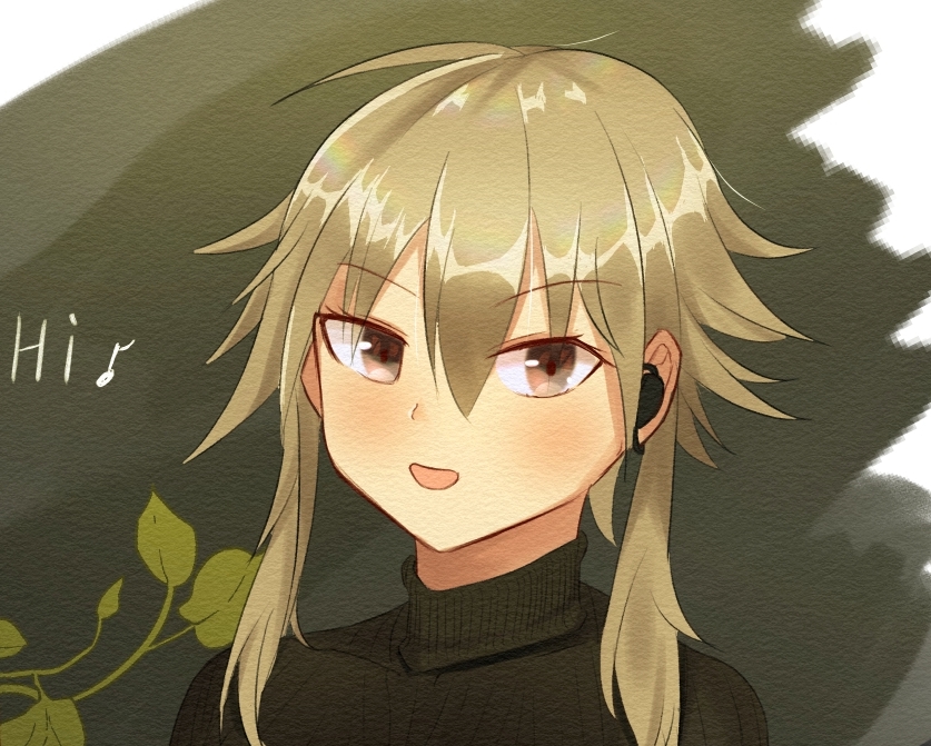 1girl ahoge arknights black_sweater blue_skirt breasts brown_hair eyebrows_visible_through_hair fence green_background grey_eyes hair_between_eyes headset large_breasts long_hair long_sleeves mayer_(arknights) ochazukeakino off_shoulder open_mouth plant ribbed_sweater short_hair_with_long_locks simple_background skirt smile sunlight sweater text_focus thighs turtleneck turtleneck_sweater waving_arm white_background