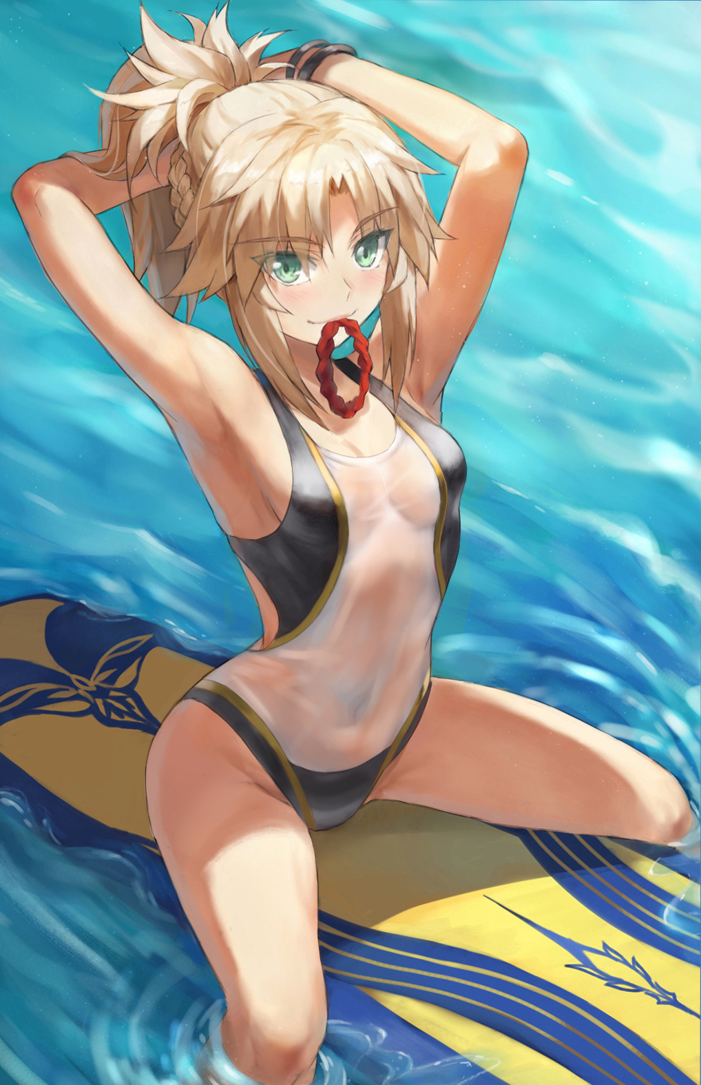 1girl armpits arms_behind_head arms_up bangs bare_shoulders black_swimsuit blonde_hair braid breasts collarbone covered_navel fate/apocrypha fate/grand_order fate_(series) french_braid green_eyes highleg highleg_swimsuit highres long_hair looking_at_viewer mordred_(fate) mordred_(fate/apocrypha) mouth_hold one-piece_swimsuit parted_bangs ponytail prydwen_(fate) sidelocks sitting small_breasts smile surfboard swimsuit thighs tonee two-tone_swimsuit tying_hair water wet white_swimsuit