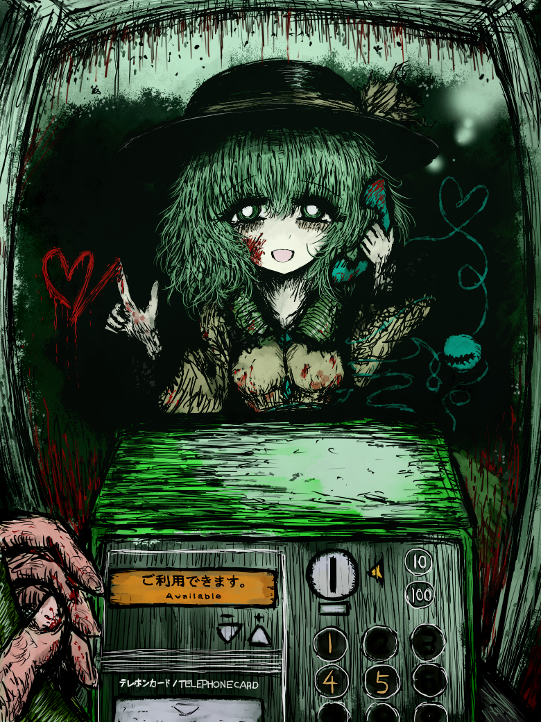 1girl bangs black_headwear blood blood_on_clothes blood_on_face blood_on_hands blood_splatter blouse bow buttons commentary_request corded_phone diamond_button eyeball eyebrows_visible_through_hair frilled_shirt_collar frilled_sleeves frills green_eyes green_hair hair_between_eyes hat hat_bow hat_ribbon heart heart_of_string holding holding_phone horror_(theme) komeiji_koishi long_sleeves looking_at_viewer medium_hair open_mouth phone phone_booth ribbon shirt smile solo sushi_yuusha_toro third_eye touhou upper_body wavy_hair wide_sleeves yellow_bow yellow_ribbon yellow_shirt