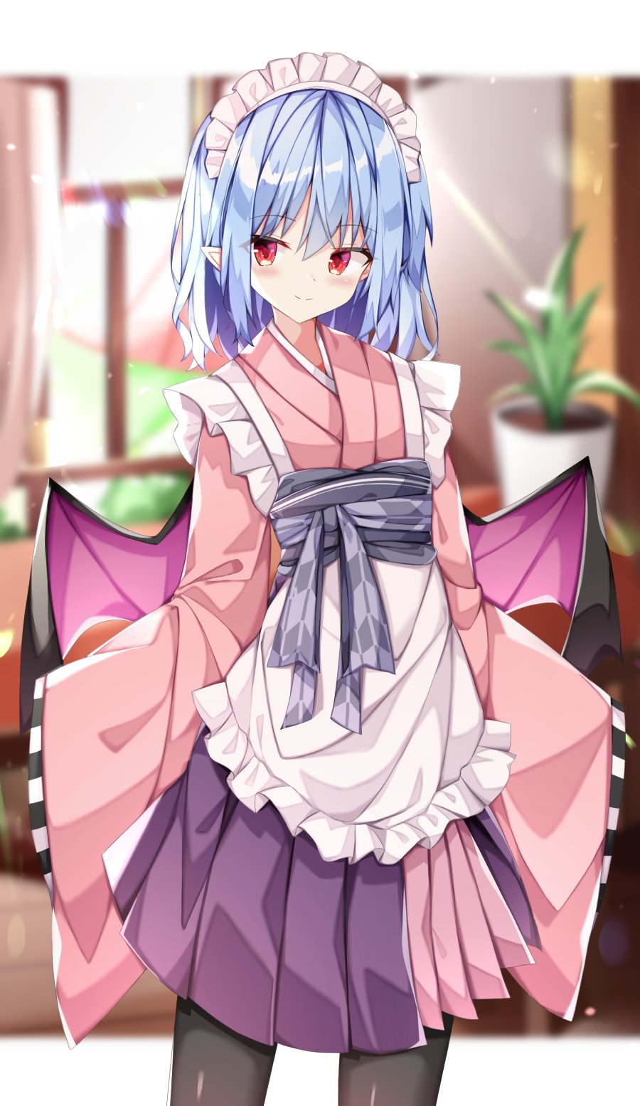 1girl alternate_costume apron bangs bat_wings belt blue_hair blurry blurry_background blush border bow closed_mouth commentary_request eyebrows_visible_through_hair eyes_visible_through_hair floor frills grey_belt grey_bow grey_legwear ground hair_between_eyes hands_up highres indoors japanese_clothes jar kimono kuraaken leaf looking_to_the_side maid maid_headdress multicolored_clothes multicolored_kimono outside_border pantyhose pink_kimono pink_shirt plant pointy_ears purple_kimono purple_skirt red_eyes remilia_scarlet shirt short_hair skirt smile solo standing sunlight touhou wall white_apron white_border window wings
