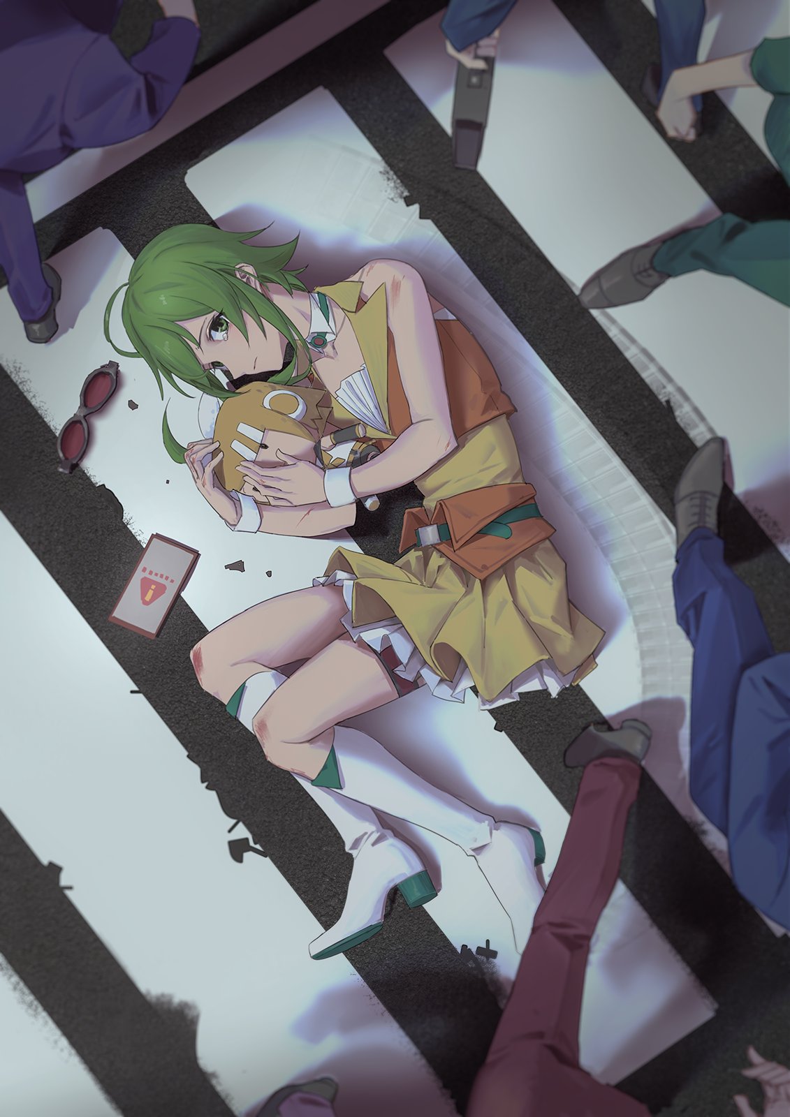 1girl ahoge belt blonde_hair boots cellphone character_doll crosswalk crowd curled_up from_above goggles goggles_removed green_eyes green_hair gumi high_heels highres jacket kagamine_rin knee_boots layered_skirt looking_at_viewer looking_up lying miniskirt object_hug on_side orange_jacket orange_skirt phone red_goggles shirt short_hair_with_long_locks sidelocks sign skirt sleeveless sleeveless_jacket smartphone solo_focus tearing_up tears vocaloid warning_sign white_footwear wounds404 yellow_shirt yellow_skirt