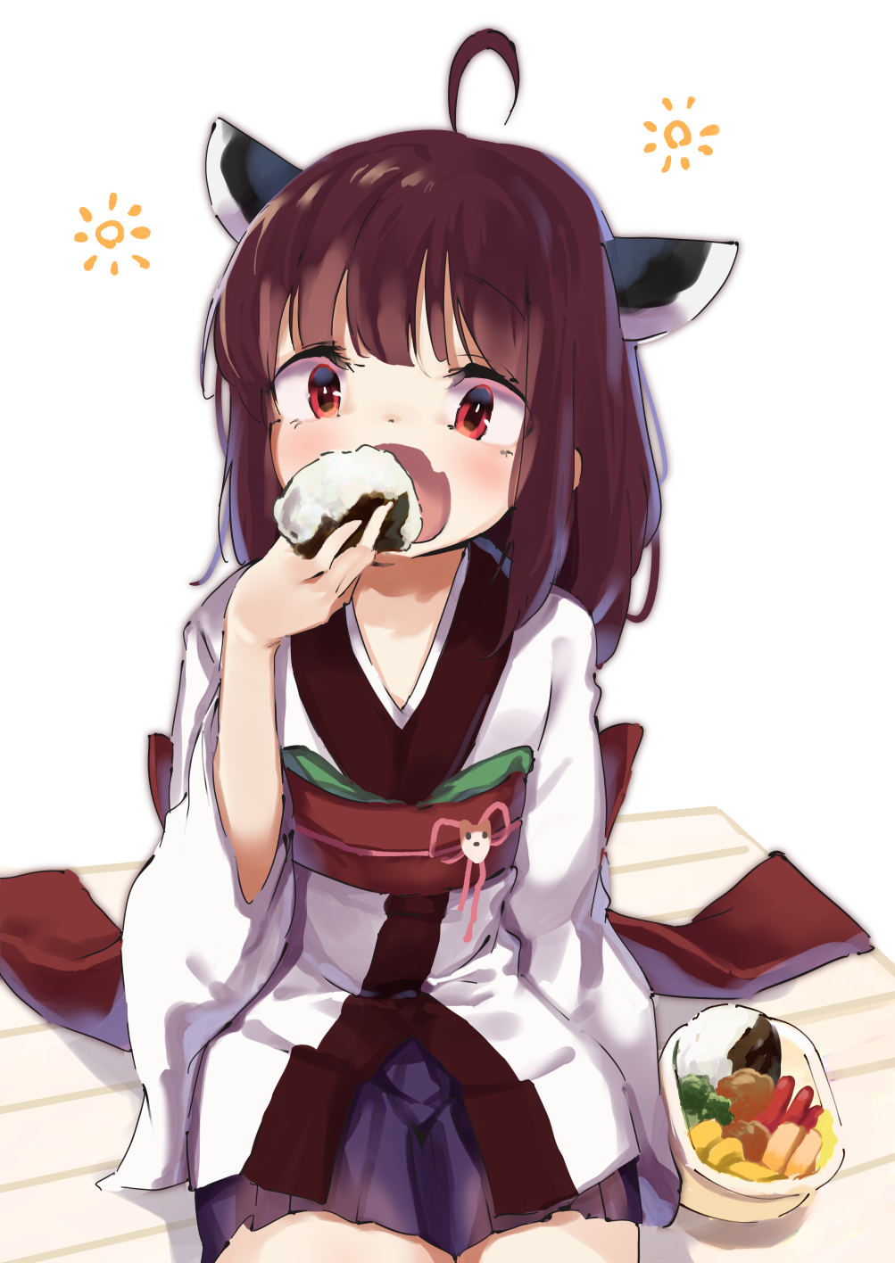 1girl ahoge blue_skirt brown_hair commentary_request fang food hand_up headgear highres holding holding_food japanese_clothes kimono lamb_(hitsujiniku) long_hair long_sleeves obi onigiri open_mouth pleated_skirt red_eyes sash simple_background sitting skirt solo sun_symbol touhoku_kiritan voiceroid white_background white_kimono wide_sleeves