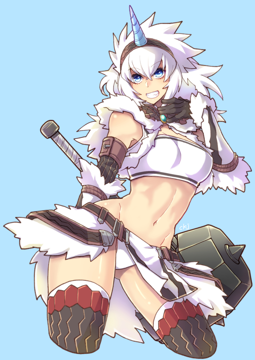 1girl belt black_gloves blue_background blue_eyes breasts brooch ckj_(harinezu) cowboy_shot cropped_legs fur_trim gloves hairband hammer highres holding holding_weapon jewelry kirin_(armor) long_hair looking_at_viewer monster_hunter_(character) monster_hunter_(series) navel pelvic_curtain signature simple_background small_breasts smile solo strapless thigh-highs tube_top weapon white_hair