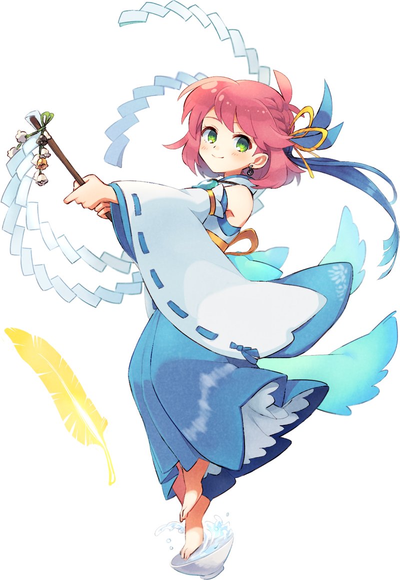 1girl barefoot braid closed_mouth earrings feathers final_fantasy final_fantasy_v full_body green_eyes hair_ribbon japanese_clothes jewelry lenna_charlotte_tycoon looking_at_viewer pink_hair ribbon short_hair simple_background smile solo white_background