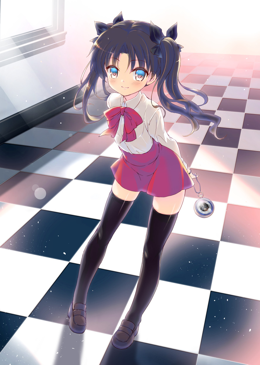 1girl bangs black_footwear black_legwear blue_eyes bow collared_shirt eyebrows_visible_through_hair fate_(series) highres holding holding_pocket_watch leaning_forward looking_at_viewer parted_bangs pocket_watch red_bow red_skirt sdwing shirt shirt_tucked_in skirt smile solo thigh-highs tohsaka_rin twintails watch white_shirt younger