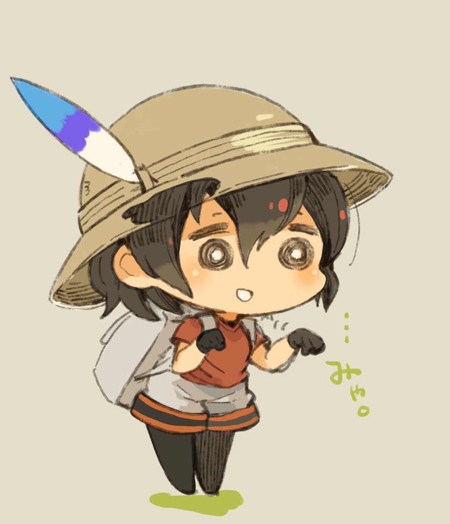 1girl @_@ backpack bag black_eyes black_gloves black_hair black_legwear chibi full_body gloves hat_feather helmet kaban_(kemono_friends) kemono_friends mota open_mouth pantyhose pith_helmet red_shirt shirt short_hair shorts simple_background smile solo