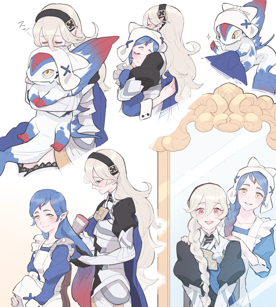 2girls alternate_hairstyle apron armor armored_dress black_hairband blue_cape blue_dress blue_hair blush braid brushing_another's_hair cape chair closed_eyes closed_mouth corrin_(fire_emblem) corrin_(fire_emblem)_(female) creature d0o00o0b dragon dragon_girl dress fire_emblem fire_emblem_fates forehead_jewel gradient_hair hair_brush hair_brushing hairband hat holding hug hug_from_behind juliet_sleeves lilith_(fire_emblem) long_hair long_sleeves looking_at_another looking_at_viewer mirror multicolored_hair multiple_girls multiple_views open_mouth pointy_ears puffy_sleeves red_eyes redhead reflection siblings single_braid sisters sitting slit_pupils smile two-tone_hair wavy_hair white_apron white_background white_hair white_headwear yellow_eyes