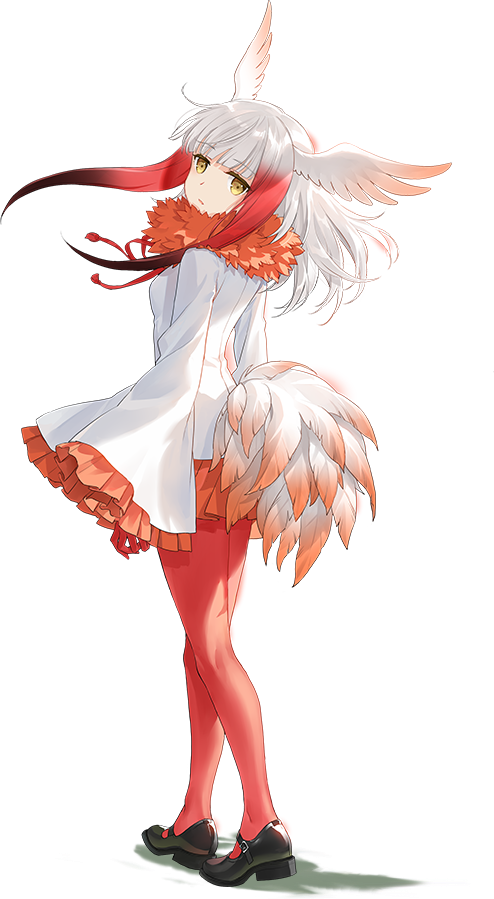1girl animal_costume animal_ear_fluff animal_ears back closed_mouth full_body game_cg japanese_crested_ibis_(kemono_friends) kemono_friends kemono_friends_kingdom legs long_hair looking_at_viewer multicolored_hair neck_ribbon official_art pantyhose red_legwear ribbon shirt shoes simple_background skirt solo standing tachi-e tail white_background