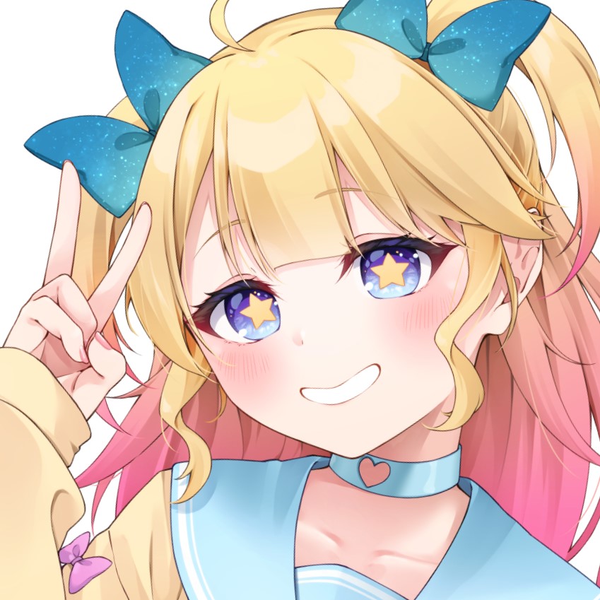 1girl ahoge arm_up bangs blonde_hair blue_bow blue_choker blue_eyes blue_sailor_collar bow brown_shirt choker clothing_cutout collarbone commentary_request commission eyebrows_visible_through_hair gradient_hair grin hair_bow heart_cutout hijouguti hoshizaki_tia long_hair long_sleeves looking_at_viewer multicolored_hair nail_polish neets_channel pink_hair pink_nails sailor_collar shirt simple_background skeb_commission sleeves_past_wrists smile solo star-shaped_pupils star_(symbol) symbol-shaped_pupils two_side_up upper_body v white_background