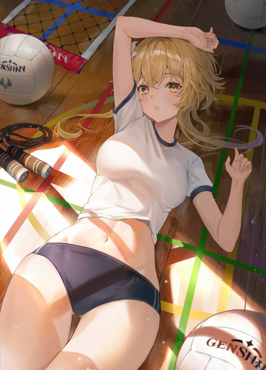 1girl black_buruma blonde_hair buruma crop_top genshin_impact gym_uniform highres long_hair looking_at_viewer lumine_(genshin_impact) lying midriff mrr_05 navel on_back on_floor parted_lips shirt solo stomach sweat thigh_gap thighs volleyball white_shirt window_shade yellow_eyes