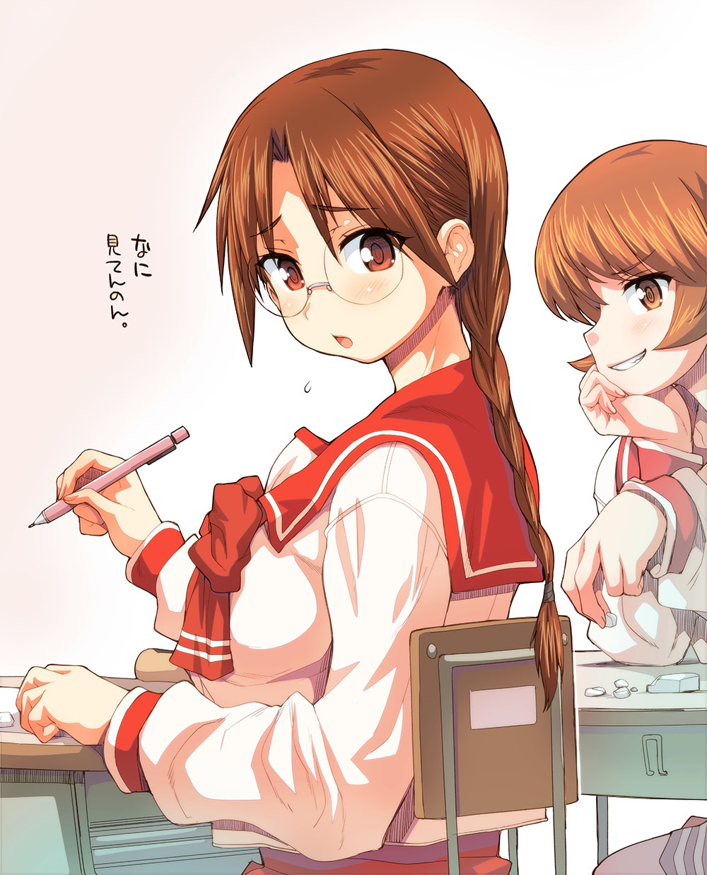 2girls bow braid brown_eyes brown_hair commentary_request desk glasses hagiya_masakage highres hoshina_tomoko long_hair looking_at_viewer multiple_girls nagaoka_shiho pen red_bow red_sailor_collar sailor_collar school_desk school_uniform serafuku short_hair single_braid solo_focus to_heart translated upper_body