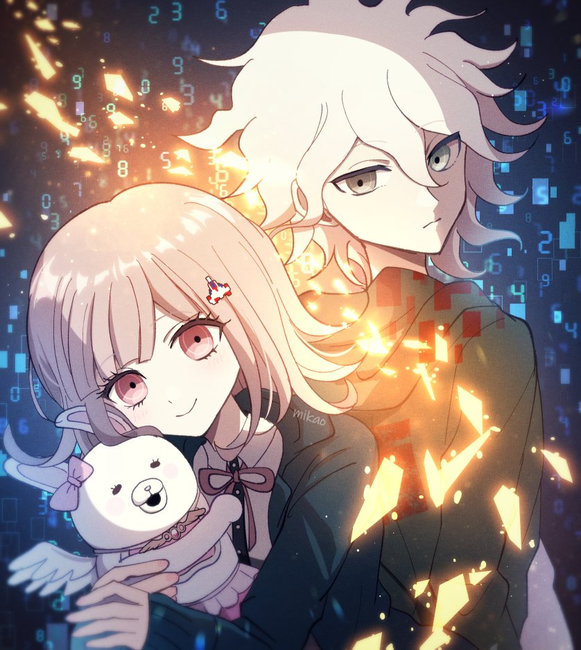 1boy 1girl artist_name back-to-back bangs black_shirt blue_background bow brown_background brown_eyes collared_shirt danganronpa_(series) danganronpa_2:_goodbye_despair dress_shirt ear_bow galaga gradient gradient_background green_jacket grey_shirt hair_ornament holding_bunny hood hood_down jacket komaeda_nagito layered_skirt light light_brown_hair long_sleeves looking_back medium_hair messy_hair mikao_(eanv5385) nanami_chiaki neck_ribbon open_mouth pink_bow pink_eyes pink_ribbon ribbon shiny shiny_hair shirt skirt smile two-tone_shirt upper_body usami_(danganronpa) wings