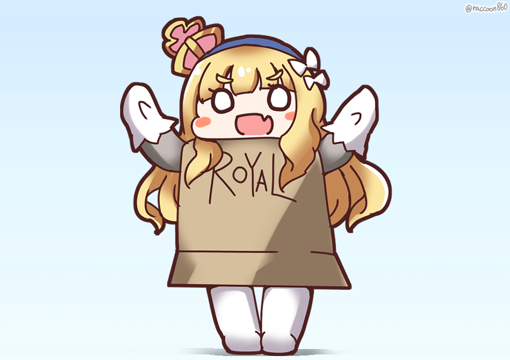 1girl azur_lane black_background blonde_hair box cardboard_box cardboard_box_gundam chibi crown eyebrows_visible_through_hair fang full_body gloves long_hair looking_at_viewer mini_crown open_mouth parody queen_elizabeth_(azur_lane) senhayama_(racoon) simple_background skin_fang solo white_gloves white_legwear