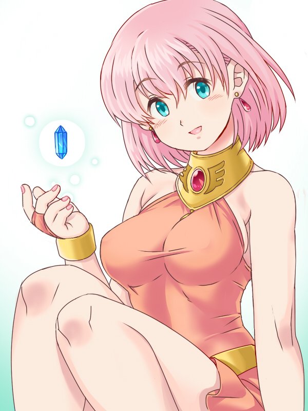 1girl blue_eyes breasts bridal_gauntlets crystal dress earrings final_fantasy final_fantasy_v jewelry lenna_charlotte_tycoon looking_at_viewer nail_polish open_mouth pink_hair sez_mage short_hair simple_background smile solo