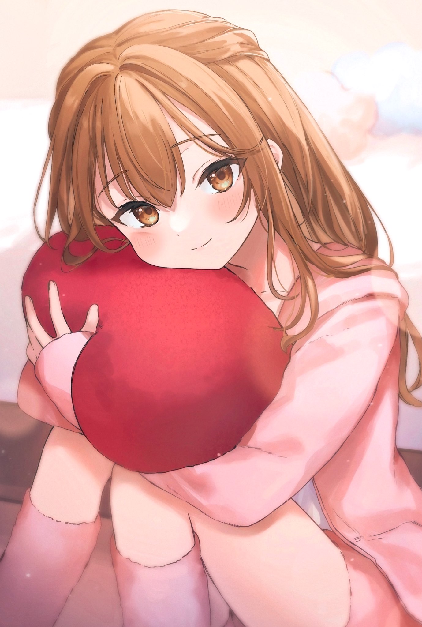 1girl bangs brown_eyes brown_hair closed_mouth copyright_request highres knees_up light_blush long_sleeves looking_at_viewer nekoyashiki_pushio object_hug pillow pillow_hug pink_legwear sitting smile solo