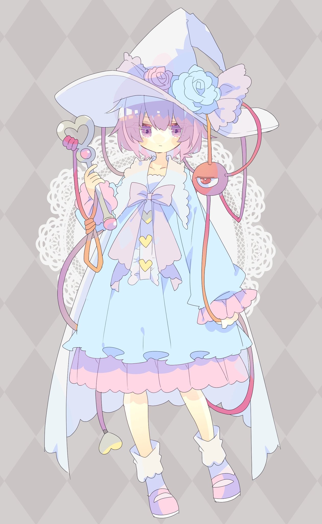 1girl adapted_costume alternate_costume blue_dress bobby_socks buttons commentary dress flower flower_ornament frilled_shirt_collar frills full_body hat hat_ribbon heart_button highres holding holding_wand komeiji_satori long_sleeves magical_girl mary_janes nikorashi-ka pink_footwear pink_hair pink_ribbon red_eyes ribbon rose shoes sleeves_past_wrists socks solo third_eye touhou violet_eyes wand white_headwear white_legwear wide_sleeves witch witch_hat