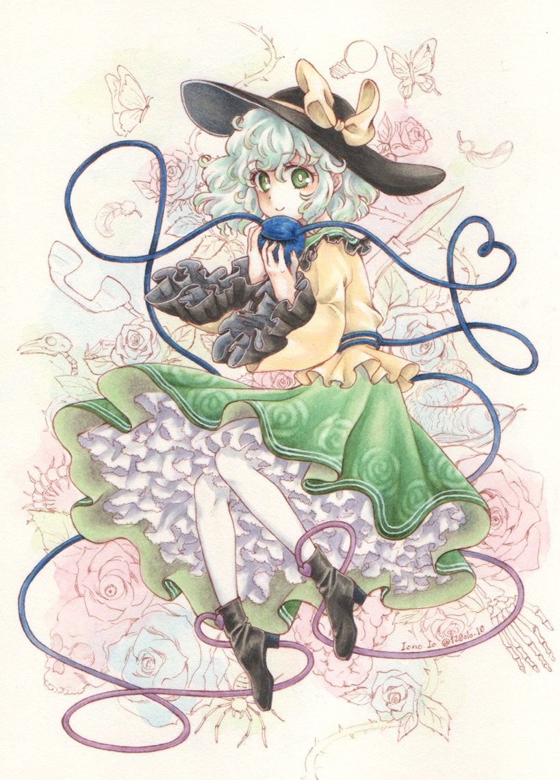 1girl animal black_footwear black_headwear boots bug butterfly closed_mouth corded_phone eyeball eyebrows_visible_through_hair feathers floral_print flower frilled_sleeves frills green_eyes green_hair green_skirt hat hat_ribbon heart heart_of_string io_(maryann_blue) knife koishi_day komeiji_koishi long_sleeves phone pleated_skirt red_ribbon ribbon rose rose_print shirt short_hair skirt smile snake solo spider third_eye touhou twitter_username wide_sleeves yellow_shirt