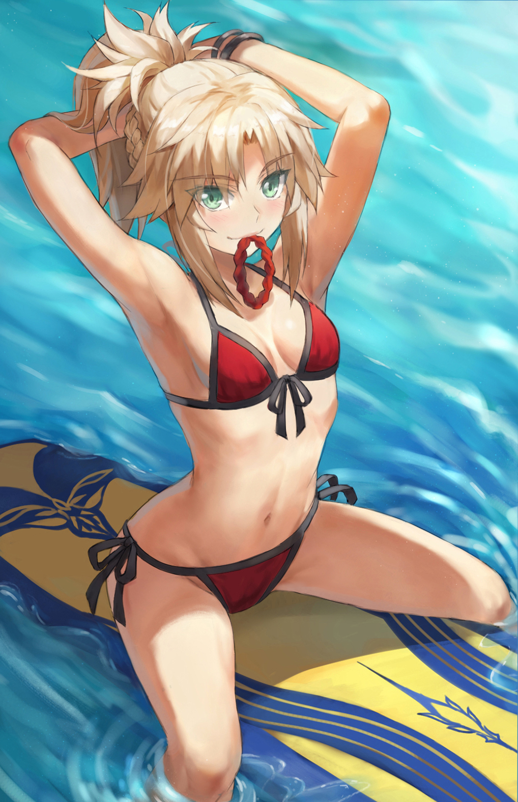 1girl armpits arms_behind_head arms_up bangs bare_shoulders bikini blonde_hair bracelet braid breasts collarbone fate/grand_order fate_(series) french_braid green_eyes highres jewelry long_hair looking_at_viewer mordred_(fate) mordred_(swimsuit_rider)_(fate) mordred_(swimsuit_rider)_(first_ascension)_(fate) mouth_hold navel ocean parted_bangs ponytail prydwen_(fate) red_bikini revision sidelocks small_breasts smile solo surfboard swimsuit thighs tonee tying_hair wet
