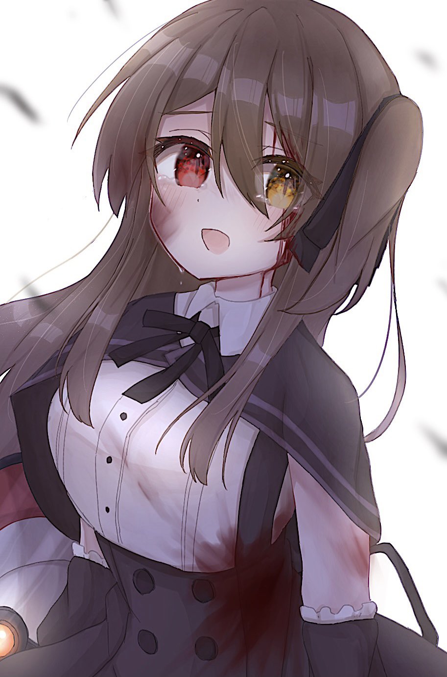 1girl :d arms_at_sides assault_lily black_capelet black_ribbon black_skirt black_sleeves blood blood_on_arm blood_on_clothes blood_on_face blurry blurry_foreground blush breasts brown_hair buttons capelet collared_shirt commentary_request crying crying_with_eyes_open debris detached_sleeves dirty dirty_face eyebrows_visible_through_hair eyes_visible_through_hair frilled_sleeves frills hair_between_eyes hair_ribbon heterochromia high-waist_skirt highres holding holding_shield kuo_shenlin long_hair looking_at_viewer medium_breasts neck_ribbon one_side_up open_mouth red_eyes ribbon school_uniform shield shirt sidelocks simple_background skirt sleeveless sleeveless_shirt smile solo standing suspender_skirt suspenders tears upper_body white_background white_shirt yellow_eyes yubari_lemon_(lemonlilie) yurigaoka_girls_academy_school_uniform