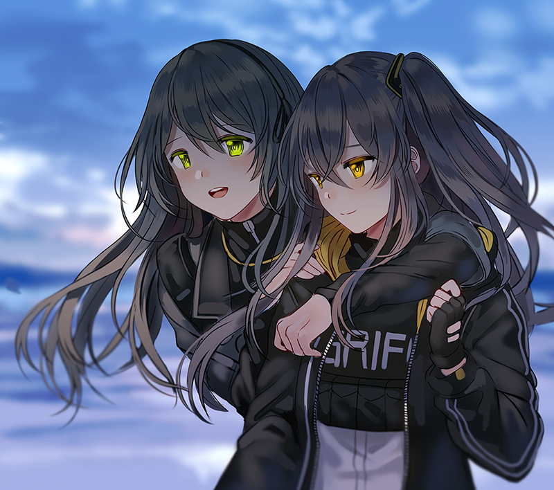 arms_around_neck bangs black_gloves black_jacket blue_sky clenched_hand clouds cloudy_sky crossed_bangs day eyebrows_visible_through_hair fingerless_gloves girls_frontline gloves green_eyes grey_hair griffin_&amp;_kryuger griffin_&amp;_kryuger_military_uniform hair_ornament head_tilt hood hooded_jacket hug hug_from_behind jacket long_hair looking_at_another open_mouth outdoors ponytail shirt side_ponytail silence_girl sky smile tactical_clothes teeth ump40_(girls'_frontline) ump45_(girls'_frontline) white_shirt yellow_eyes