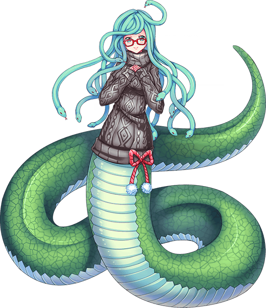 1girl artist_request bad_source cable_knit full_body glasses gorgon green_eyes green_hair lamia media_(monster_musume) monster_girl monster_musume_no_iru_nichijou monster_musume_no_iru_nichijou_online official_art red-framed_eyewear smile snake_hair solo sweat sweater transparent_background turtleneck turtleneck_sweater