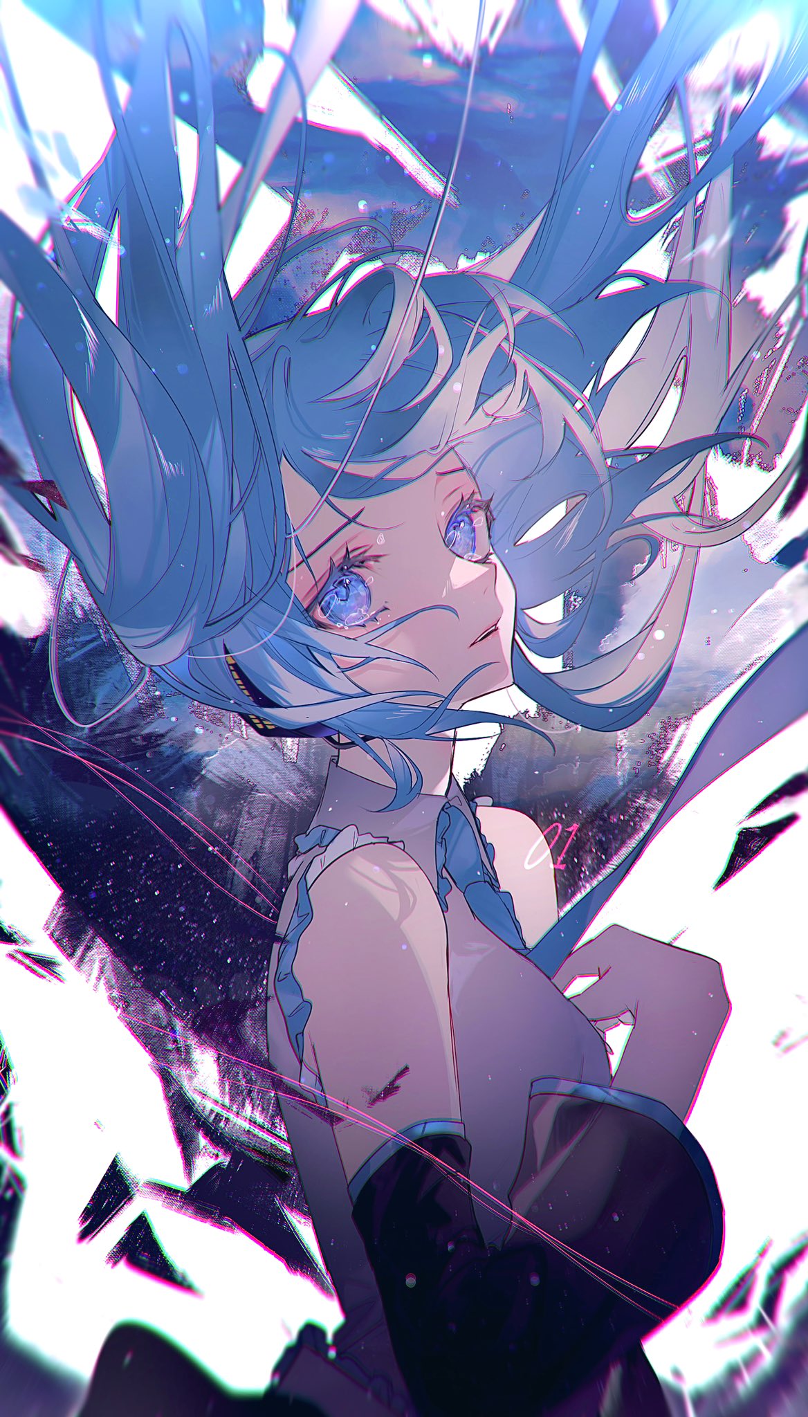1girl blue_eyes blue_hair breasts commentary_request detached_sleeves eyelashes floating_hair grey_shirt hatsune_miku headphones headset highres long_hair looking_at_viewer parted_lips shirt simple_background sleeveless sleeveless_shirt solo tears twintails upper_body utsuhostoria very_long_hair vocaloid