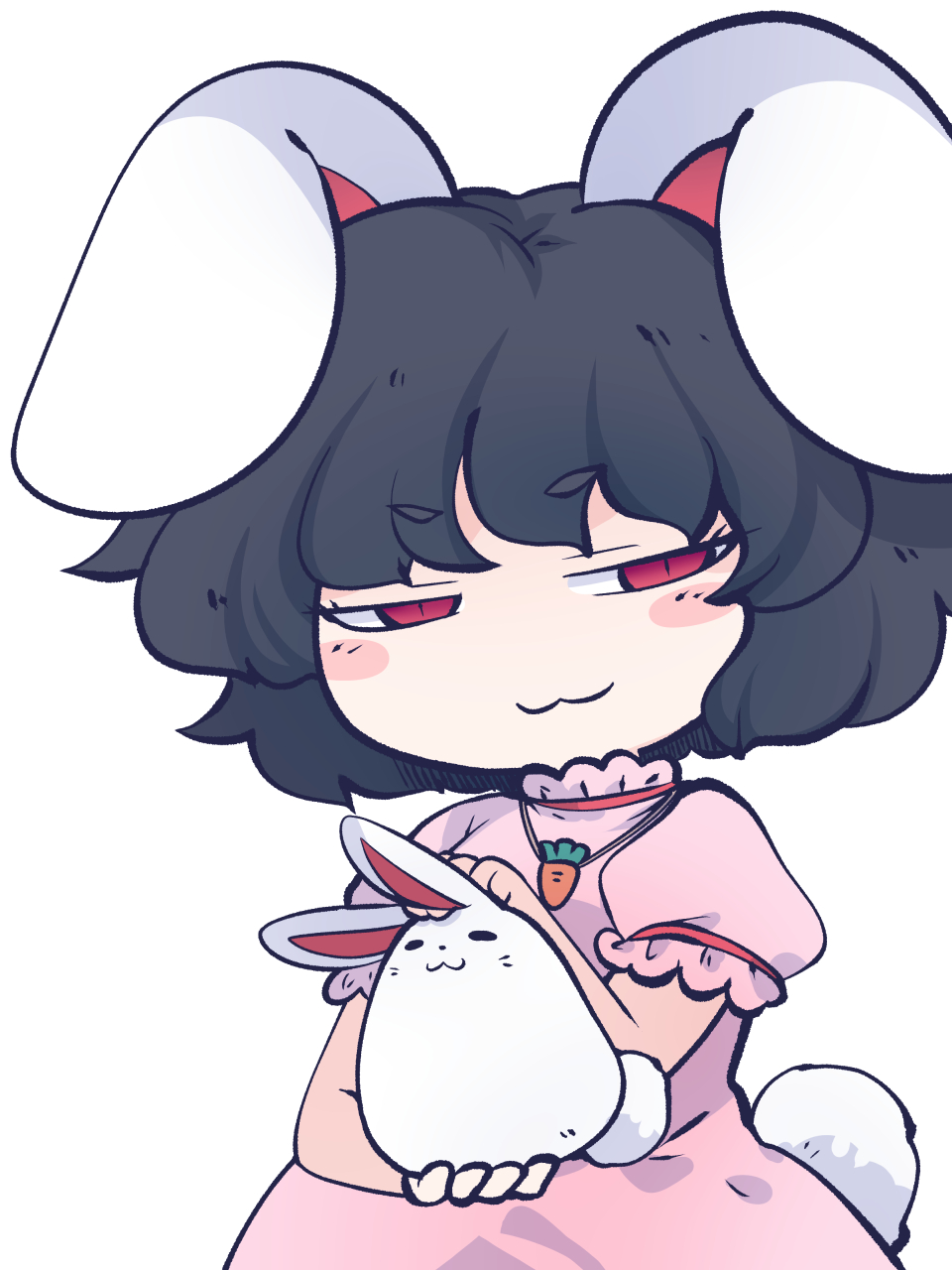 1girl :3 animal animal_ears black_hair blush_stickers carrot_necklace closed_mouth dress eyebrows_visible_through_hair fried_rice0614 highres holding holding_animal inaba_tewi one-hour_drawing_challenge pink_dress puffy_short_sleeves puffy_sleeves rabbit rabbit_ears rabbit_tail red_eyes short_hair short_sleeves simple_background solo tail touhou upper_body white_background