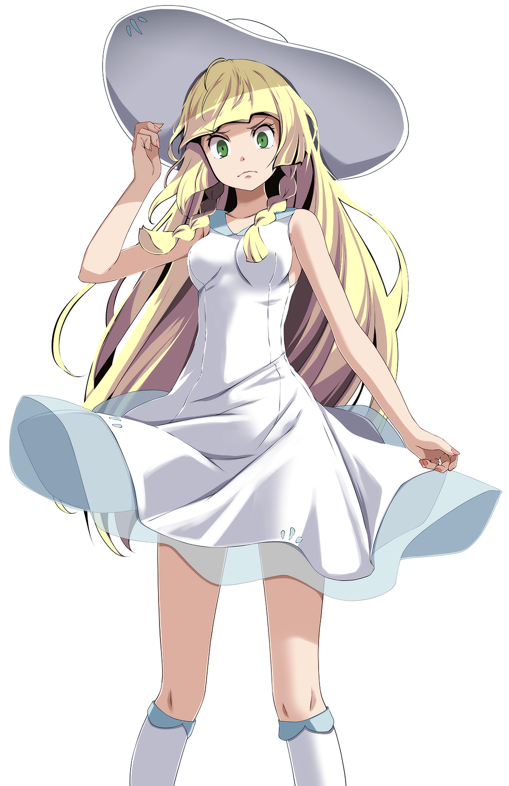 1girl blonde_hair braid breasts closed_mouth dress green_eyes hat highres lillie_(pokemon) long_hair looking_at_viewer medium_breasts pokemon pokemon_(game) pokemon_sm sleeveless sleeveless_dress solo standing tsukishiro_saika twin_braids white_dress white_headwear