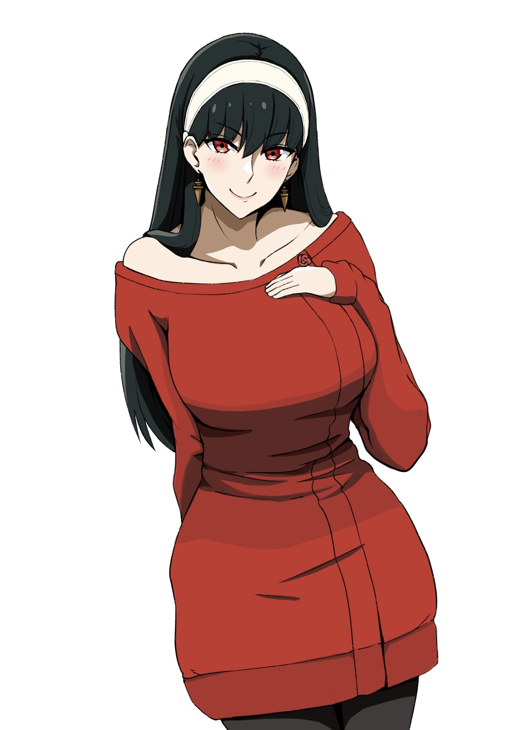 1girl arm_behind_back bangs black_hair black_legwear blush breasts closed_mouth collarbone cowboy_shot dress earrings eyebrows_visible_through_hair hairband hand_on_own_chest highres jewelry large_breasts long_hair looking_at_viewer pantyhose red_eyes red_sweater simple_background smile solo spy_x_family straight_hair sungose sweater sweater_dress v-shaped_eyebrows white_background white_hairband yor_briar