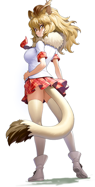 1girl animal_costume animal_ear_fluff animal_ears back closed_mouth game_cg kemono_friends kemono_friends_kingdom lion_(kemono_friends) long_hair looking_at_viewer necktie official_art shirt shoes simple_background skirt solo standing tachi-e tail white_background