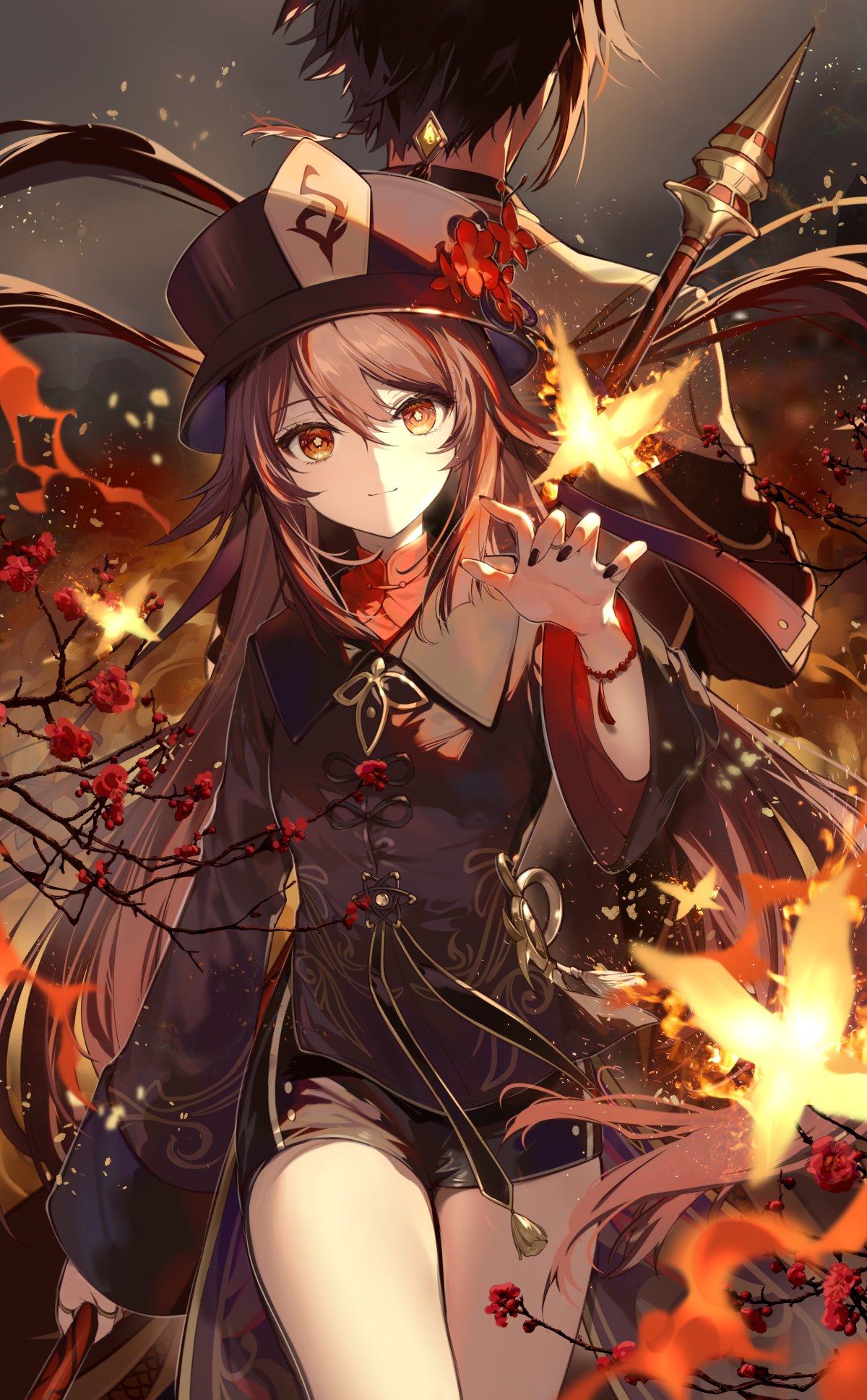 1boy 1girl back-to-back bangs bead_bracelet beads black_nails bracelet branch brown_hair bug butterfly closed_mouth coat fire flower flower-shaped_pupils genshin_impact hair_between_eyes hat hat_flower highres holding holding_polearm holding_weapon hu_tao_(genshin_impact) jewelry long_hair long_sleeves low_twintails multicolored_hair nail_polish necomi plum_blossoms polearm ponytail red_eyes red_flower redhead shorts symbol-shaped_pupils tassel twintails very_long_hair weapon zhongli_(genshin_impact)