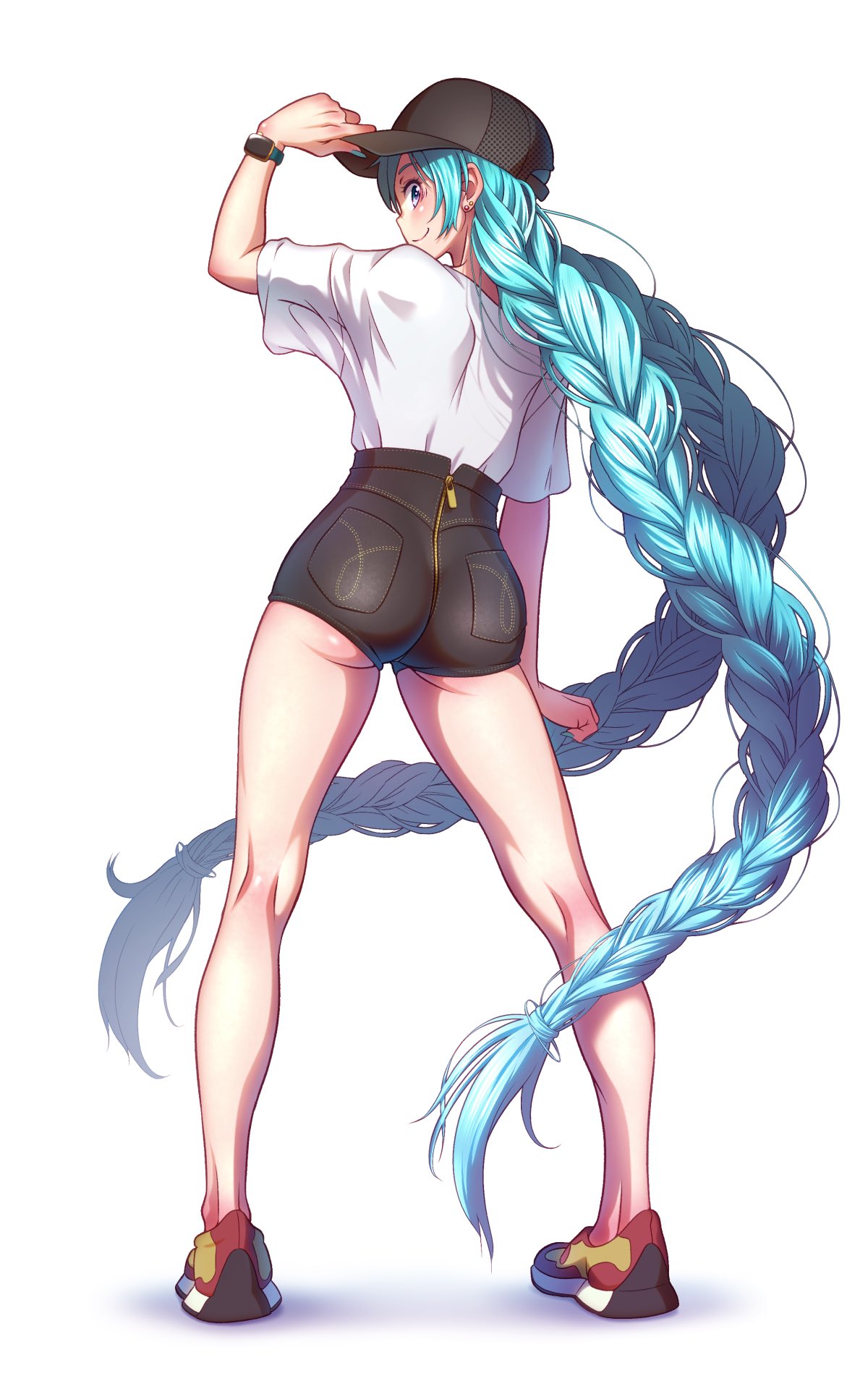 1girl alternate_costume alternate_hairstyle aqua_eyes aqua_hair ass baseball_cap braid commentary_request earrings from_behind full_body hand_up hat hatsune_miku highres jewelry long_hair looking_at_viewer looking_back nail_polish no_socks shirt shoes shorts simple_background smile sneakers solo t-shirt twin_braids very_long_hair vocaloid watch white_background white_shirt wokada zipper