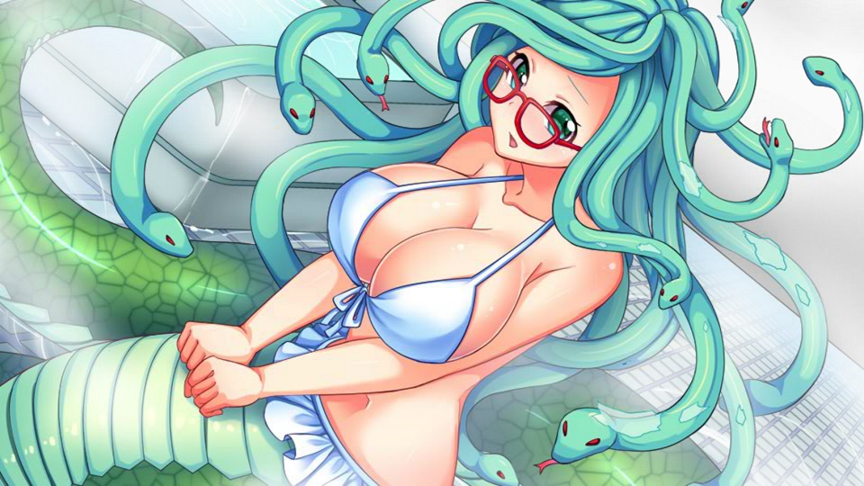 1girl artist_request bare_shoulders bathtub bikini breasts game_cg glasses gorgon green_eyes green_hair lamia large_breasts looking_at_viewer media_(monster_musume) monster_girl monster_musume_no_iru_nichijou monster_musume_no_iru_nichijou_online navel official_art partially_submerged red-framed_eyewear snake_hair swimsuit water white_bikini