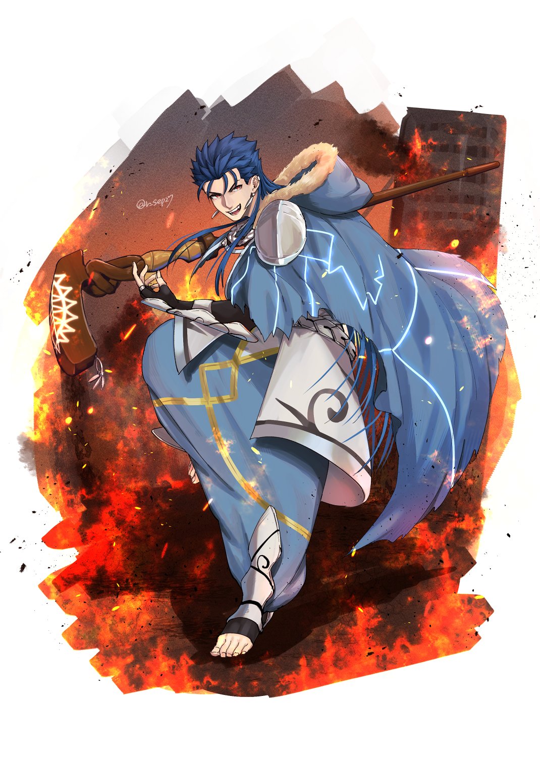 1boy blue_hair cape cu_chulainn_(caster)_(fate) cu_chulainn_(fate) earrings fate/grand_order fate_(series) fire floating_hair full_body fur-trimmed_hood fur_trim grin harem_pants highres holding holding_staff hood hood_down hooded_cape jewelry long_hair looking_at_viewer male_focus open_mouth pants red_eyes ruuto_(ruto3) single_vambrace smile solo spiky_hair staff toeless_footwear vambraces wooden_staff