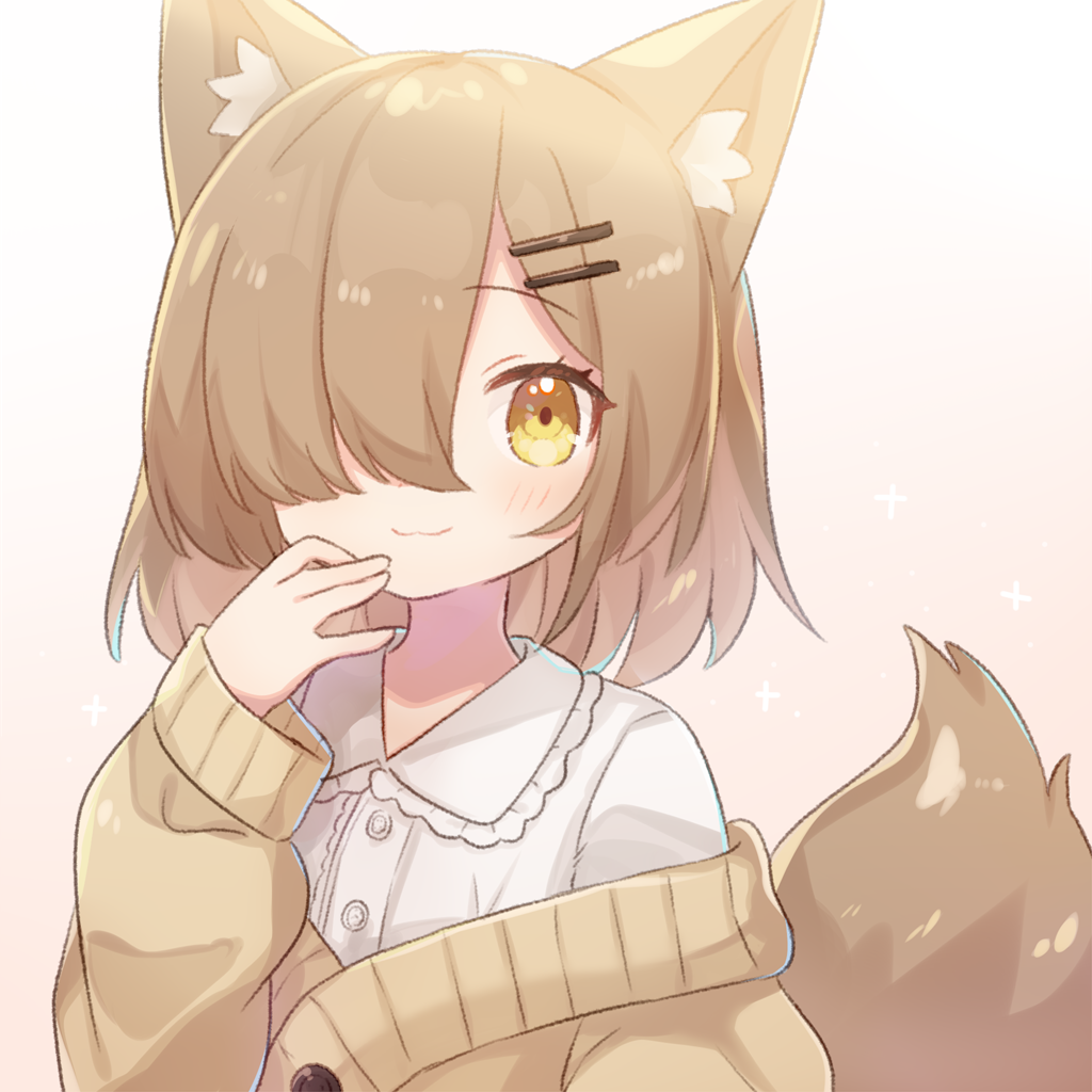 1girl :3 animal_ears cardigan collared_shirt dokumi fox_ears fox_girl fox_tail hair_over_one_eye light_brown_hair long_sleeves looking_at_viewer off_shoulder original shirt tail white_shirt yellow_cardigan yellow_eyes