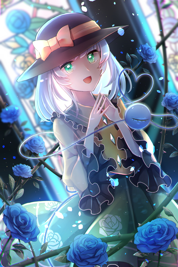 1girl :d black_headwear blouse blue_flower blue_rose bow buttons commentary cowboy_shot diamond_button floral_print flower frilled_shirt_collar frilled_sleeves frills green_eyes green_skirt hands_up hat hat_bow heart heart_of_string komeiji_koishi light_green_hair long_sleeves looking_at_viewer medium_hair own_hands_together rose rose_print shirt skirt smile stained_glass third_eye thorns touhou wide_sleeves yellow_bow yellow_shirt zukapin